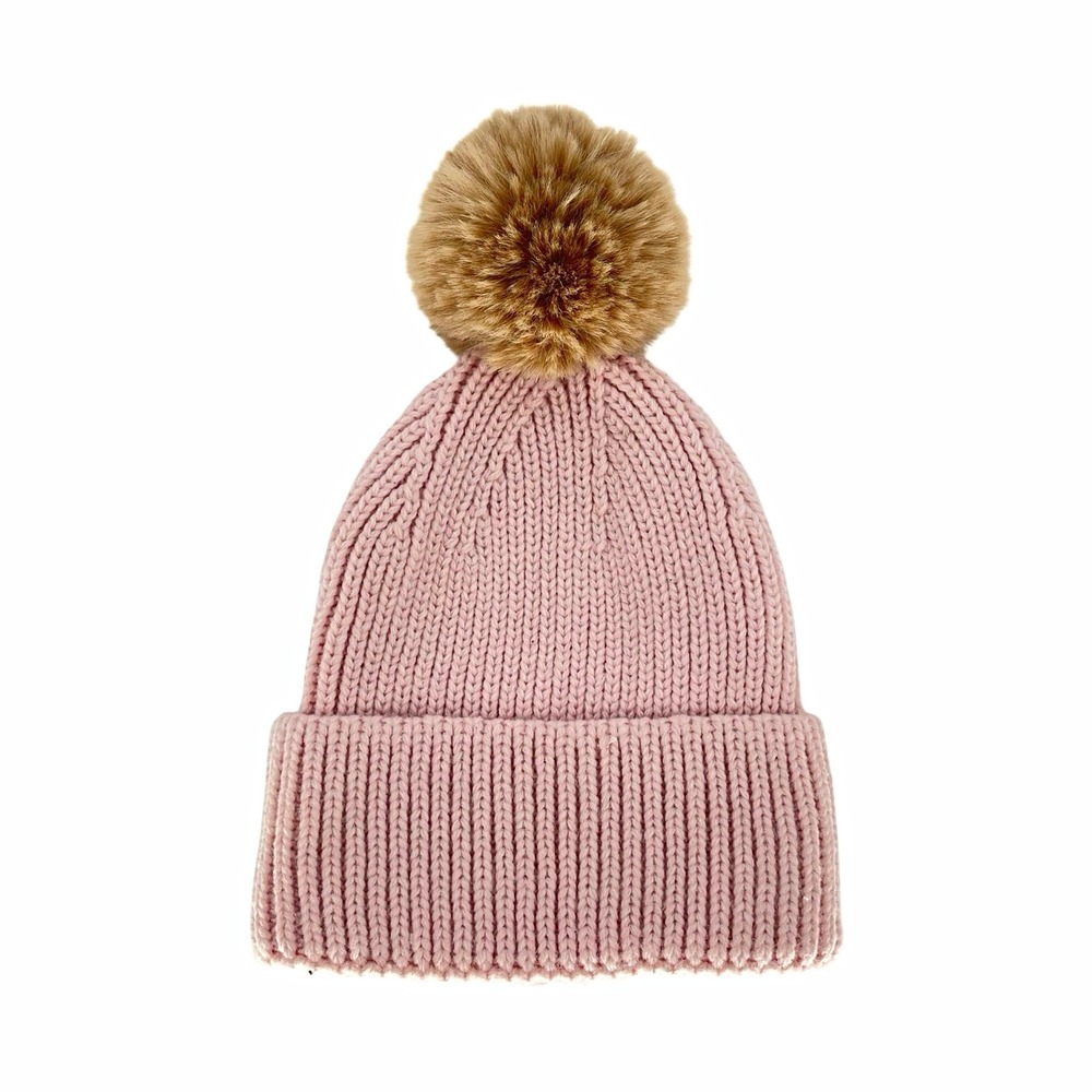 Steve Madden Womens Blush Pink Ribbed Knit Faux Fur Pom Beanie Hat One Size